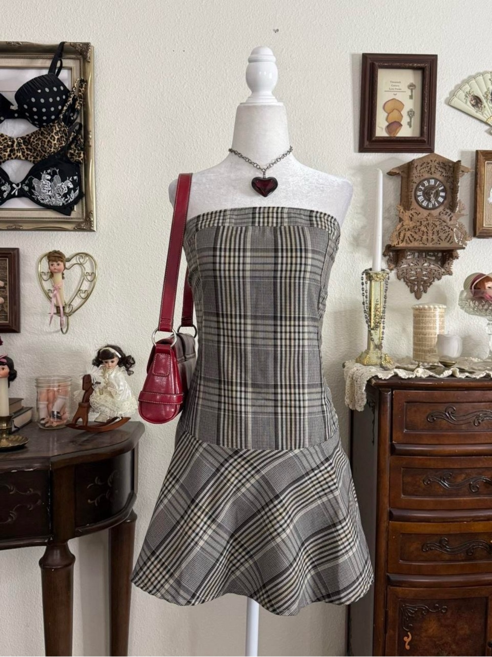 BNWT preppy girly grunge brown plaid drop waist mini dress